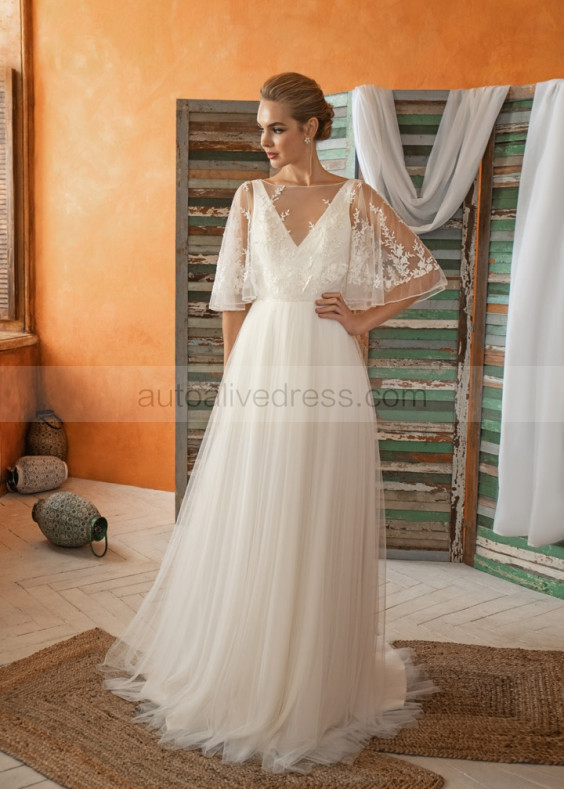 Ivory Lace Tulle Slit Open Back Elegant Wedding Dress